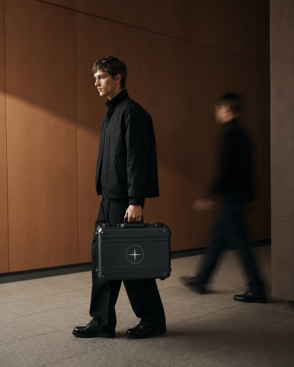 A man walks through a warm-lit corridor carrying a black AC47 Case, another figure blurred behind him.
