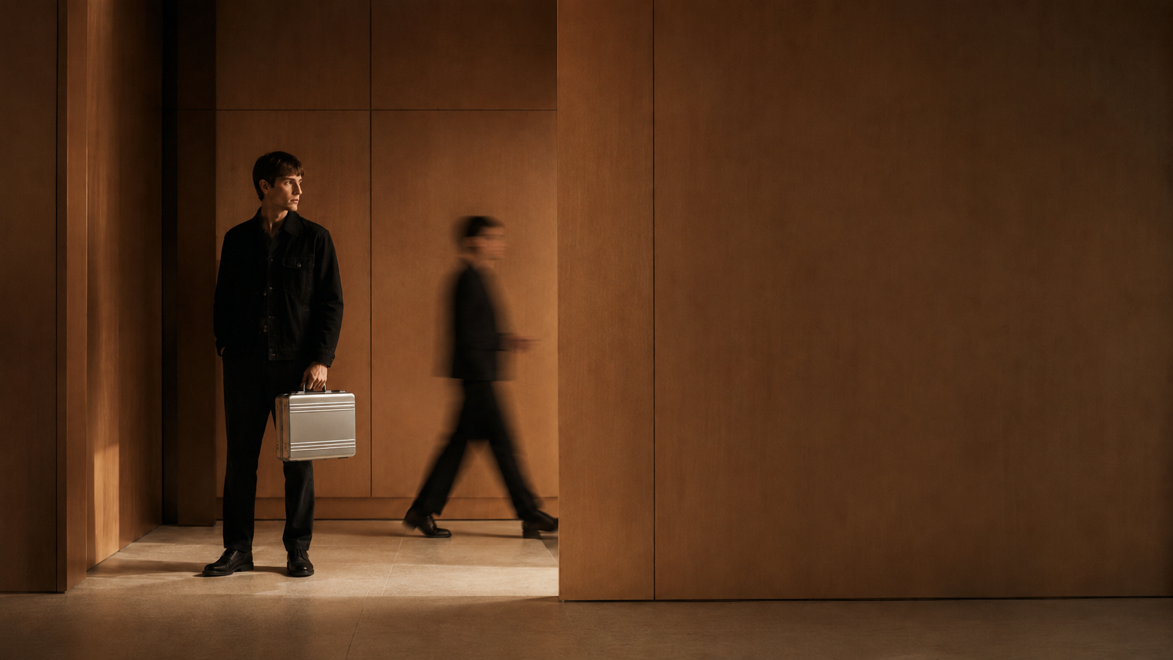 A man stands in a warm-lit corridor holding a silver AC47 Case as a blurred figure walks past.