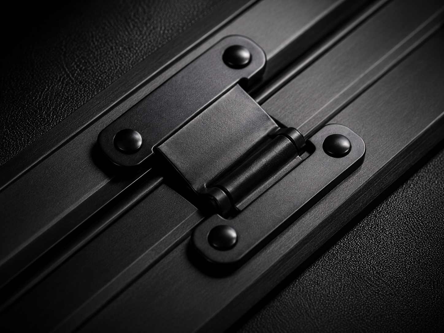 Close view of a black hinge and rivet fastening detail.