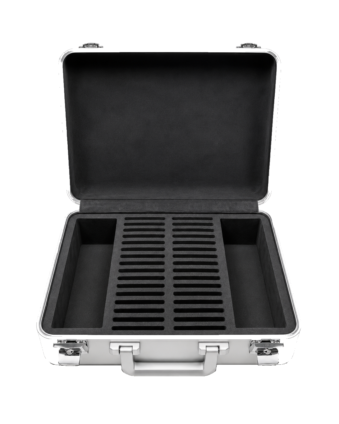 An open silver AC47 Case showing its divided foam interior, with open storage on either side of a slotted center tray.