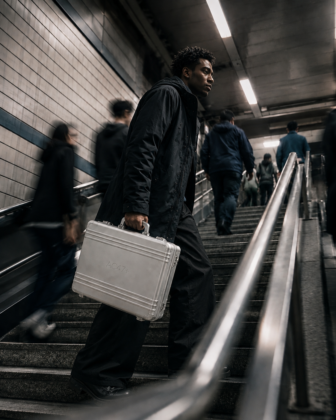 A man descends a crowded transit stairway carrying a silver AC47 Case, commuters blurred around him.
